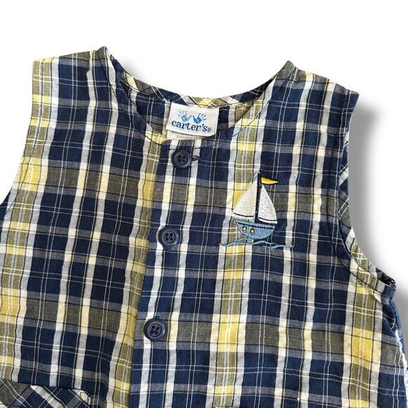Carter’s Vintage Plaid Embroidered Sailboat Romper Boys Size 18M Blue Yellow - Picture 5 of 10